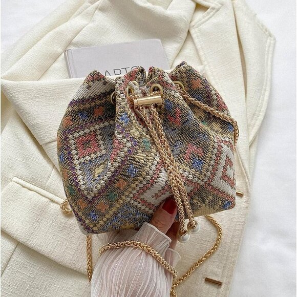 Mini Plaid Drawstring Tote Bag Women Casual Polyester with Metal Strap - Picture 5 of 7